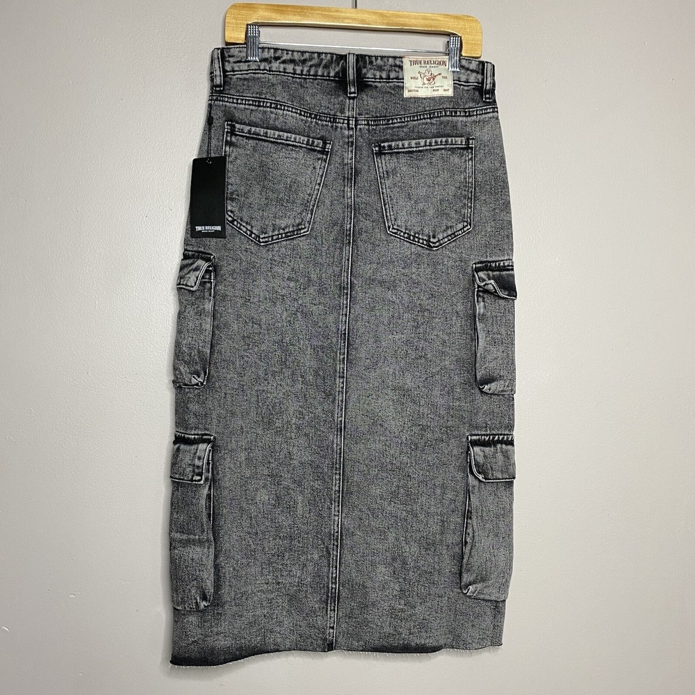 True Religion Vintage Style Charcoal Wash‎ Denim Cargo Midi Skirt Slit Front 27 - Picture 4 of 16